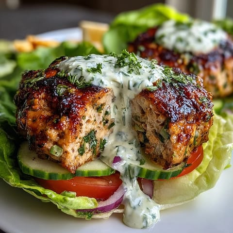 Lightened-up turkey burger lettuce wraps with avocado ranch dressing on a white plate, garnished with fresh dill and lemon wedges.