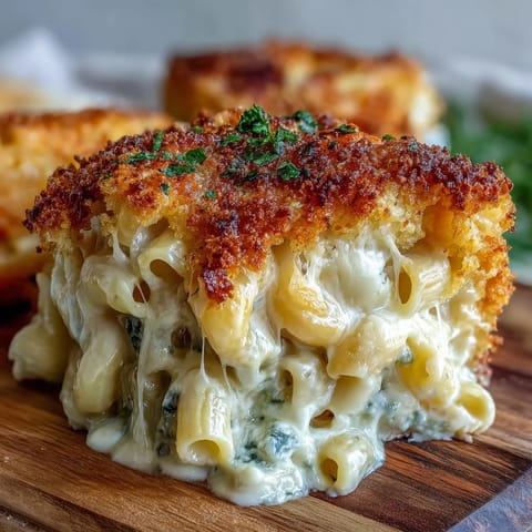 Four-cheese mac and cheese bake with golden breadcrumb crust, bubbling with creamy cheddar, Gouda, mozzarella, and blue cheese sauce.