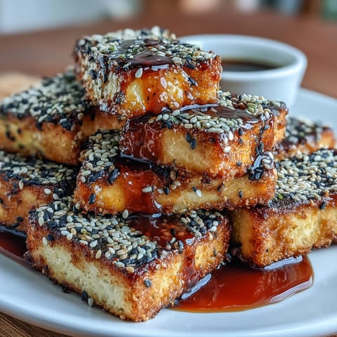 Golden sesame-crusted tofu steaks sizzling in a skillet, crispy on the outside and tender inside, ready for a teriyaki glaze.