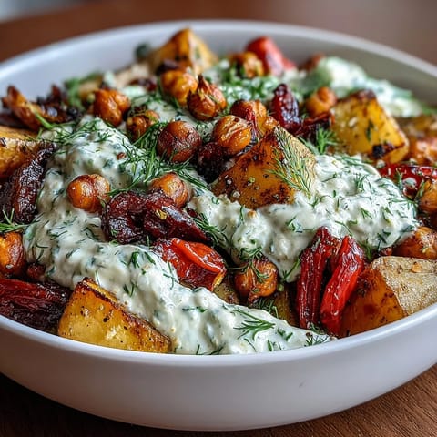 A colorful, wholesome bowl of roasted potatoes, bell peppers, and chickpeas topped with protein-rich tzatziki sauce.  