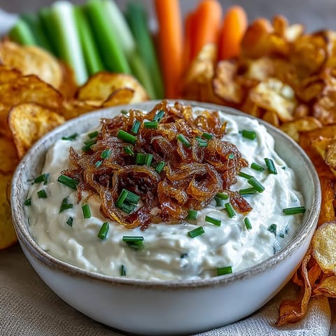 Creamy caramelized onion dip with Greek yogurt base served in a rustic bowl, garnished with fresh chives and crispy potato chips.