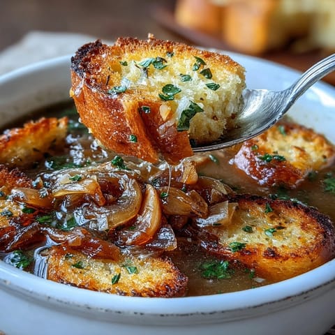 Rich and savory French-inspired soup with caramelized onions, roasted garlic, and crispy homemade croutons.  