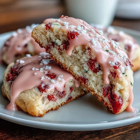 Soft strawberry sugar cookies with pink icing, showcasing fresh berries and a glossy glaze, perfect for spring celebrations.  