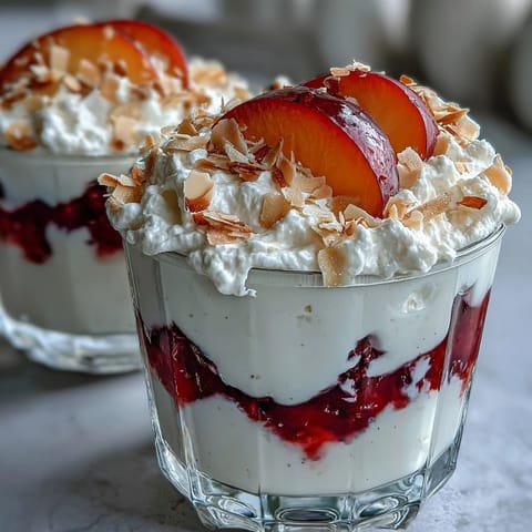 Fluffy Yogurt Peach Melba Cups with Toasted Almonds: A creamy, layered dessert with fresh peaches, tangy raspberry sauce, and crunchy toasted almonds in elegant glasses.