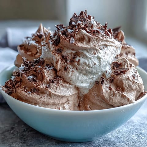 Fluffy yogurt protein mousse with cocoa and sea salt in a glass, topped with dark chocolate shavings and fresh berries.  