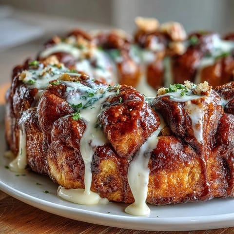 Vibrant King Cake Pull-Apart Monkey Bread with Cream Cheese Icing, golden cinnamon dough balls baked in a Bundt pan and drizzled with rich icing, decorated with purple, green, and gold sugars.