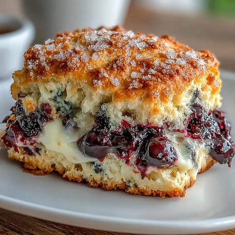 Golden sourdough discard blueberry scones with juicy fresh berries and a crisp sugar topping, perfect for a cozy breakfast or brunch.
