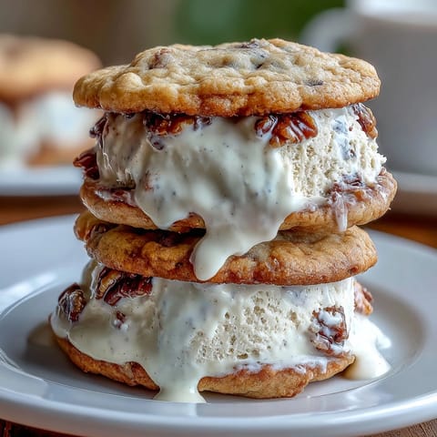 Vanilla bean ice cream layered between rich coffee cookies for a refreshing frozen dessert treat.