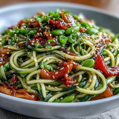 Healthy Easy Zucchini Noodle Stir Fry with crisp vegetables and light sesame sauce in a colorful skillet.  