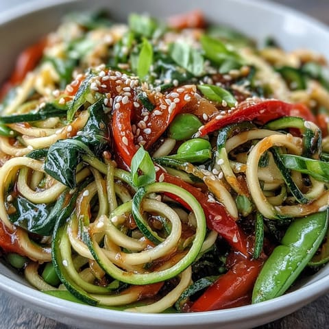 Vibrant Healthy Easy Zucchini Noodle Stir Fry featuring spiralized zucchini, bell peppers, and snap peas tossed in a savory Asian-inspired sauce.  