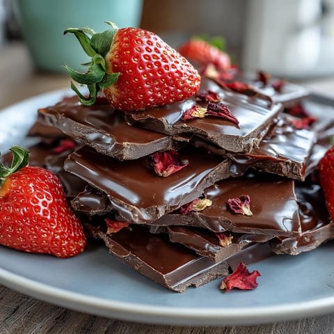 Luxurious Dubai chocolate bark with dark chocolate, freeze-dried strawberries, and pistachios, topped with edible gold leaf for a Middle Eastern-inspired dessert.