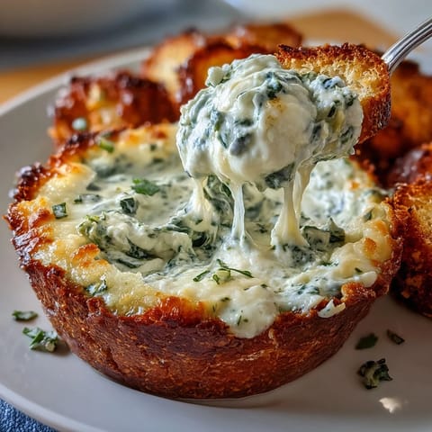 Creamy spinach artichoke dip baked in a sourdough bread bowl, perfect for St. Patrick's Day parties