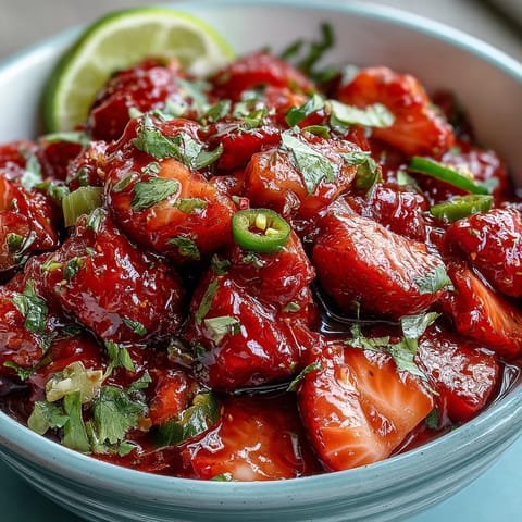 Fresh strawberry salsa with lime and jalapeño, a vibrant mix of sweet fruit, zesty citrus, and a hint of spicy heat.  