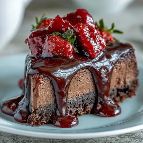 Decadent Dubai-inspired chocolate strawberry cheesecake cups with creamy layers and fresh berries, served chilled in clear dessert cups.