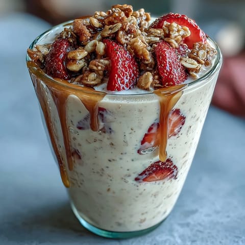 Vibrant strawberry overnight oats layered with chia seeds and crunchy granola, perfect for a healthy morning meal.