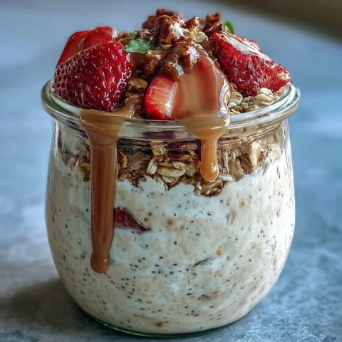 Creamy strawberry overnight oats with chia seeds and granola, topped with fresh strawberries for a wholesome breakfast.