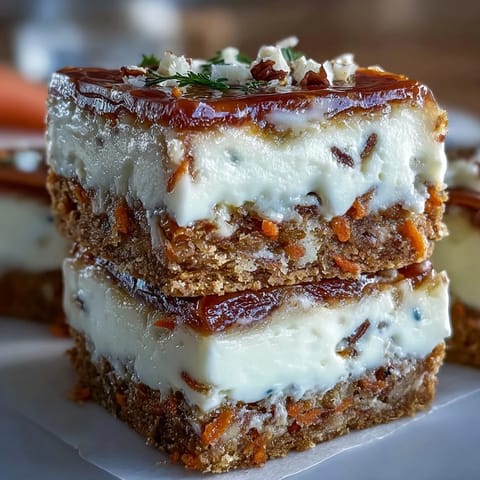 Carrot Cake Cheesecake Bars with creamy layers and a nutty swirl, baked to golden perfection for a decadent spring dessert.