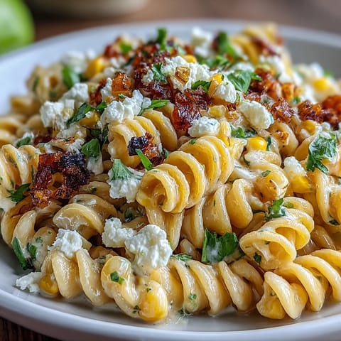 Bright and colorful Elote Corn Pasta with Cotija, garnished with fresh cilantro and lime wedges for a zesty finish.  
