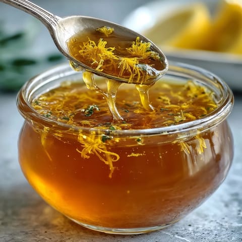 Golden dandelion jelly with lemon and honey, served on a rustic wooden board with fresh bread and a spoon.