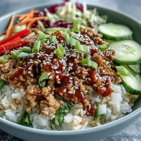 Steamed jasmine rice topped with spicy ground turkey, crunchy rainbow veggies, and a creamy bang bang sauce in a white bowl.  