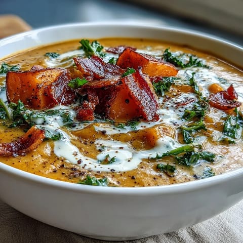 Creamy smoky sweet potato chowder with crispy pancetta and tender kale, perfect for chilly evenings.  