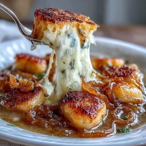 Creamy potato gnocchi swimming in rich French onion broth, topped with golden, bubbly Gruyère and toasted baguette.