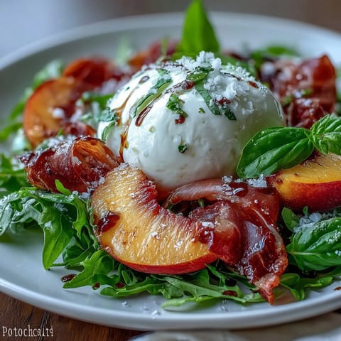 Creamy burrata and sweet peaches brighten this summer salad with prosciutto.