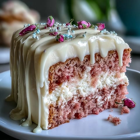 Elegant Bridal Shower Rosé Velvet Cake with Gold Drip, showcasing soft pink layers and shimmering gold accents.  