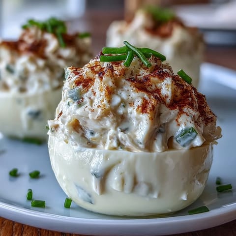Crab Cake Deviled Eggs topped with Old Bay, a zesty, seafood appetizer.