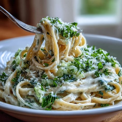 Creamy Cabbage Alfredo with tender fettuccine and shredded cabbage in a rich Parmesan sauce.  