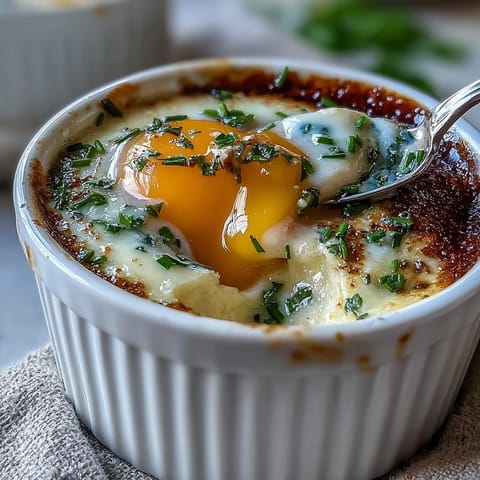 Elegant baked eggs in herbed cream with parmesan, perfect for a festive Easter brunch.