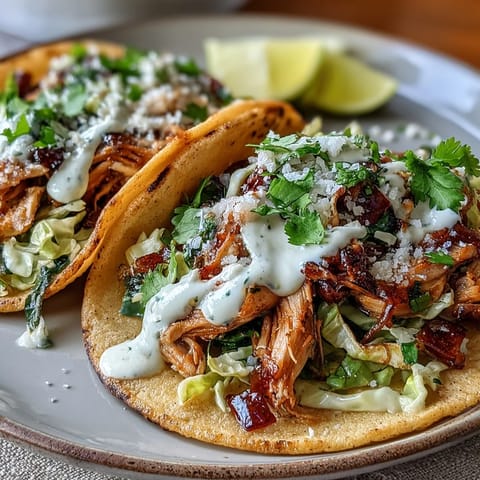 Roasted chicken cabbage tacos with shredded chicken, crisp slaw, and zesty lemon crema in warm tortillas.  