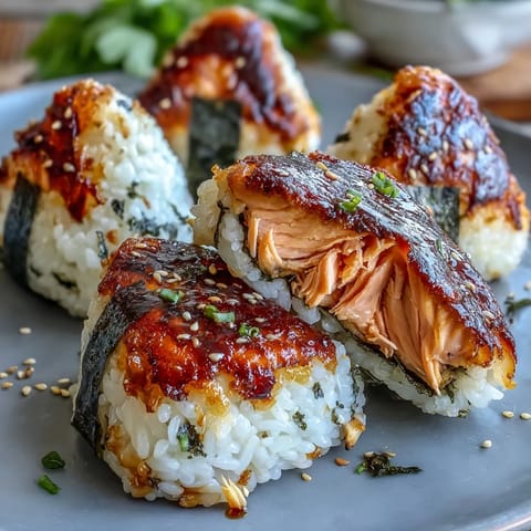 Grilled salmon onigiri featuring crispy rice balls stuffed with tender, savory salmon and wrapped in nori seaweed.  