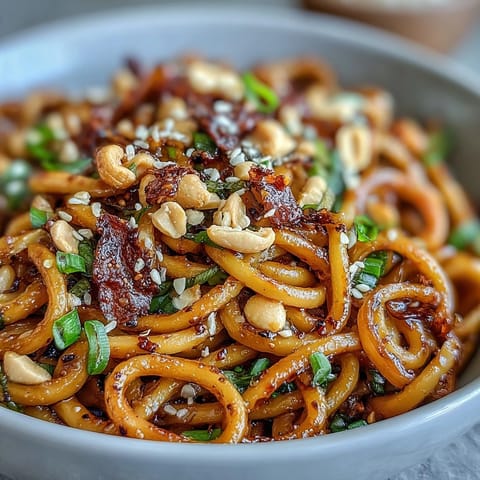 Spicy chili crisp noodles with chewy wheat noodles, crispy garlic, and fresh scallions in a savory umami sauce.  