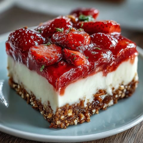 Creamy cheesecake meets tangy strawberry in these pretzel salad bars.
