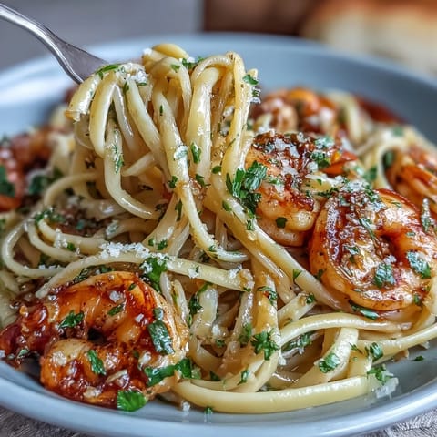 Golden Shrimp Scampi Linguine glistening with lemon herb sauce and fresh parsley.