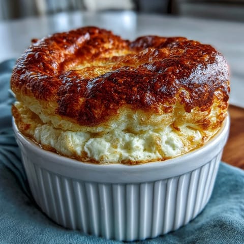 Golden, airy Simple French Cheese Soufflé served warm with delicate crust.