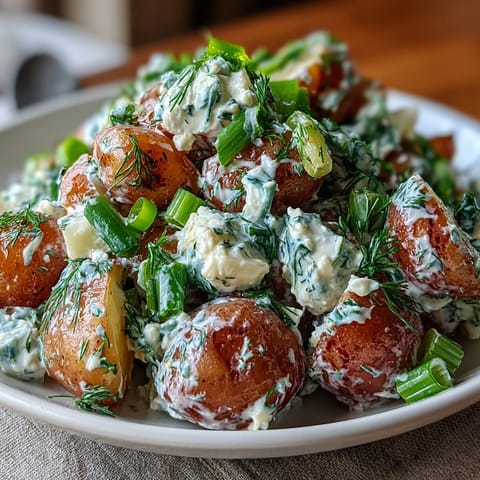 Close-up of Creamy Potato Salad Light with fresh dill and spring onions.