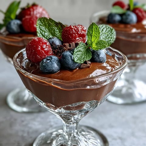 Silky light chocolate mousse artfully garnished with fresh berries and mint.