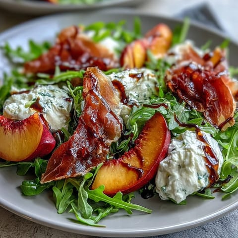 Peach Burrata Prosciutto Salad: creamy burrata, ripe peaches, and savory prosciutto.