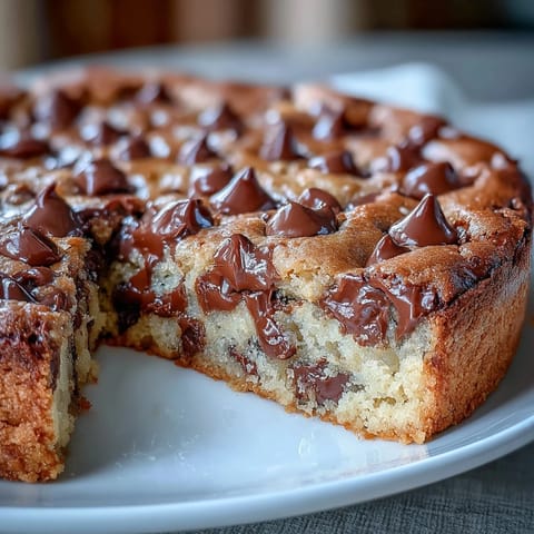 Decadent Tahini Chocolate Chip Cookie Pie with melty chocolate chunks, sprinkled with sea salt.