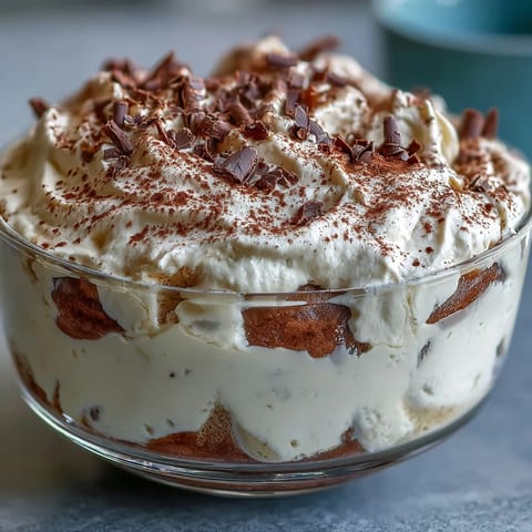 Creamy Whipped Cottage Cheese Tiramisu Bowl swirled with coffee-soaked ladyfingers.