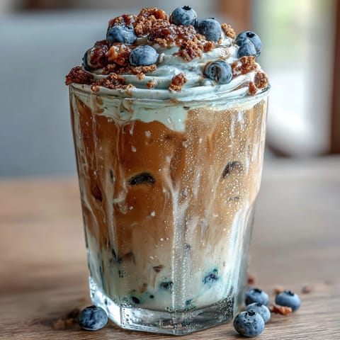 Creamy cold foam crowns a vibrant blueberry muffin iced coffee.