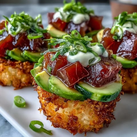 Golden crispy rice cups filled with vibrant tuna poke and avocado.