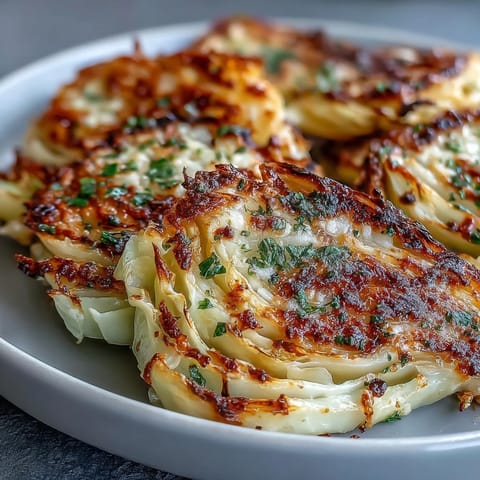 Garlic Parmesan Cabbage Steaks: golden brown, cheesy topping, roasted vegetables.