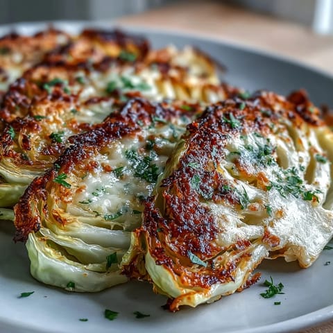 Hearty Garlic Parmesan Cabbage Steaks served hot with melted cheese.