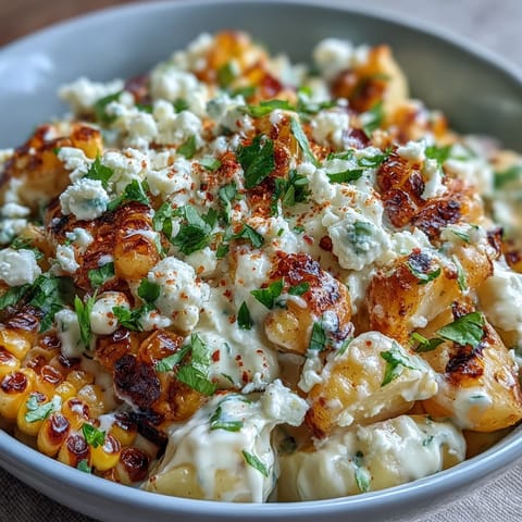 Creamy Elote Potato Salad featuring grilled corn, chili-lime dressing.