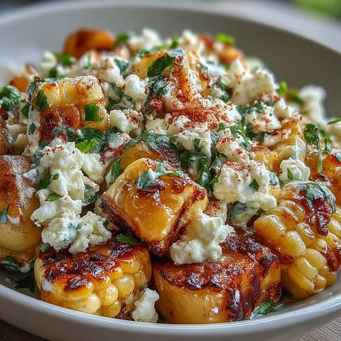 Vibrant Elote Potato Salad topped with cotija cheese and cilantro.
