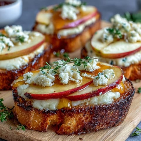 Delicious Apple Brie Hot Honey Toasts, a savory-sweet appetizer with bubbly cheese.