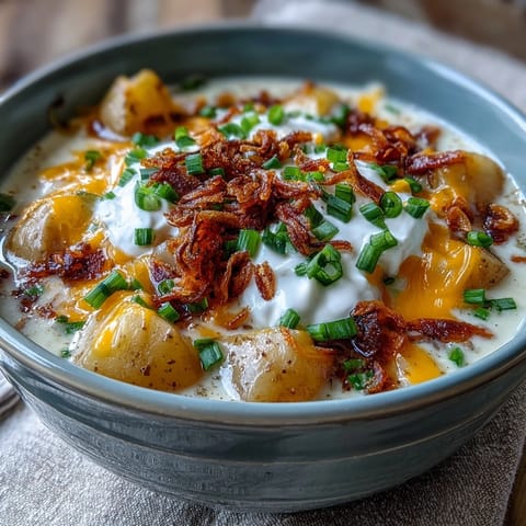 Hearty Loaded Baked Potato Soup, ready to be garnished with bacon and scallions.